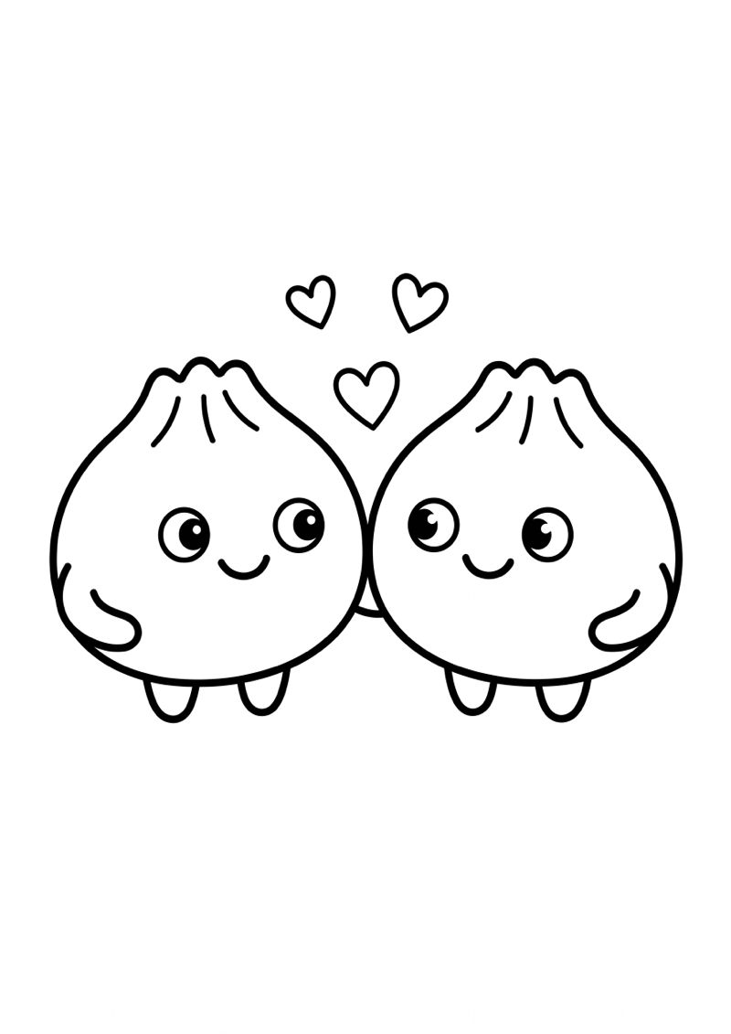 Dumplings Twee Vriendjes met Hartjes Kleurplaat — gratis kleurplaat
