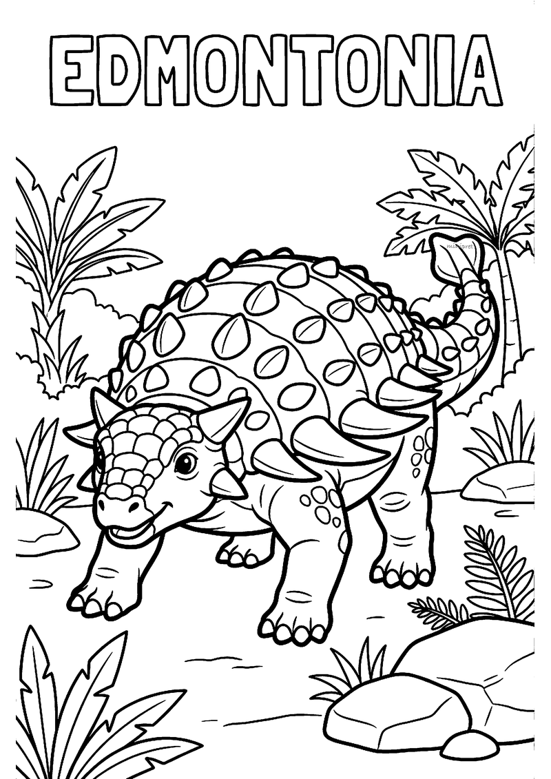 Kleurplaat van een edmontonia met stekels op rug en schouders tussen palmen, varens en rotsen