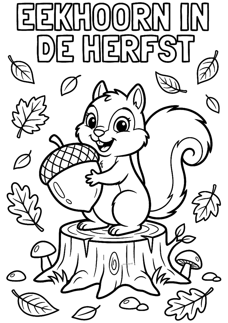 Kleurplaat van een lachende eekhoorn met een grote eikel op een boomstronk, omringd door vallende herfstbladeren
