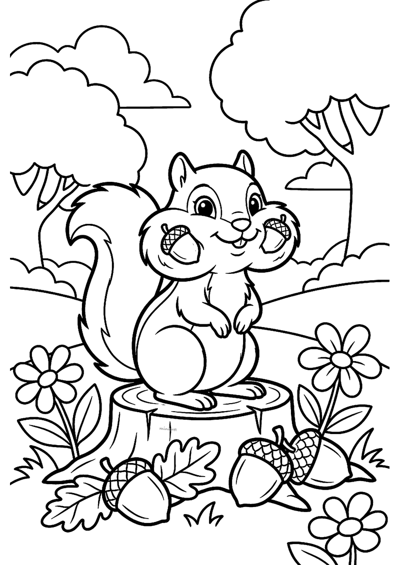 Kleurplaat van een eekhoorn met een eikel in elke wang die op een boomstronk zit tussen eikels, eikenbladeren en bloemen