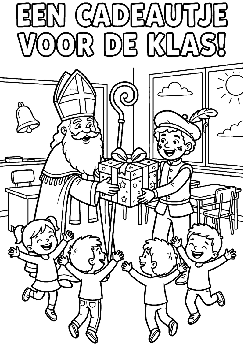 Kleurplaat van Sinterklaas en Piet met een groot cadeau en vier juichende kinderen, tekst EEN CADEAUTJE VOOR DE KLAS!