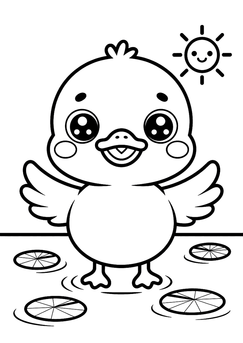 Kawaii eendje met lachende zon kleurplaat — gratis kleurplaat printen