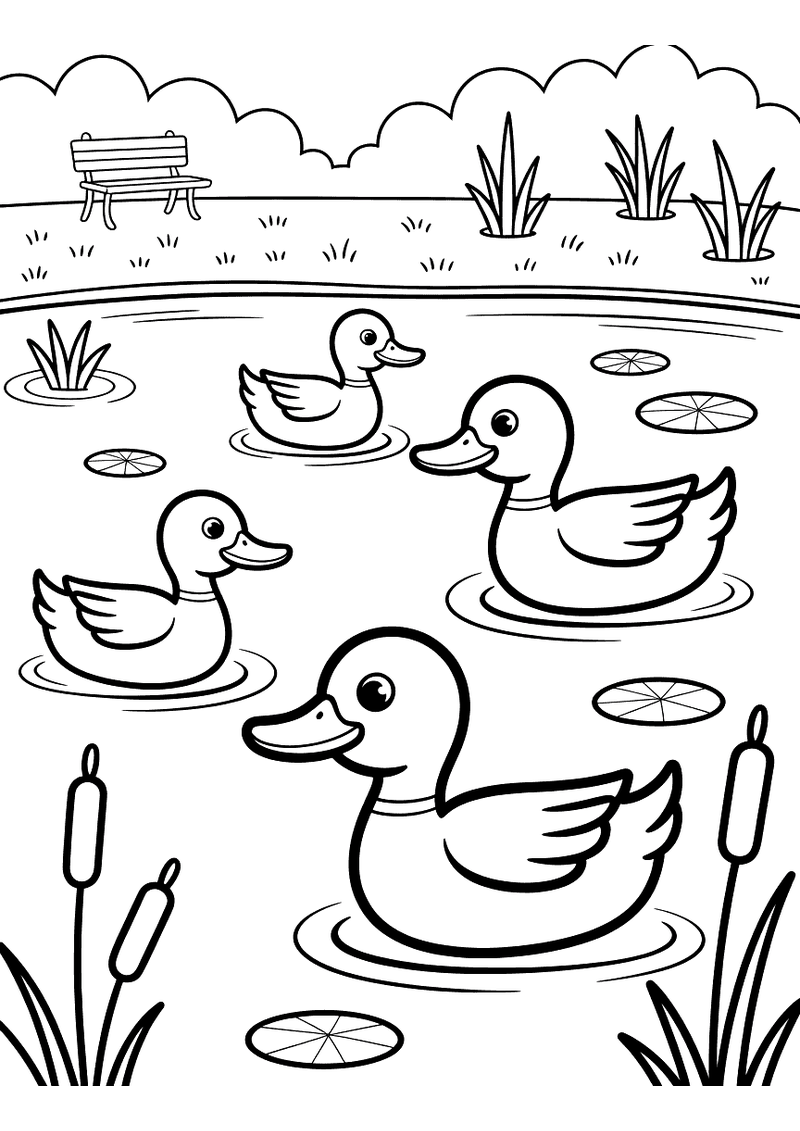 Kleurplaat van drie eenden die zwemmen in een parkvijver met waterleliebladen, rietstengels en een bankje op de achtergr