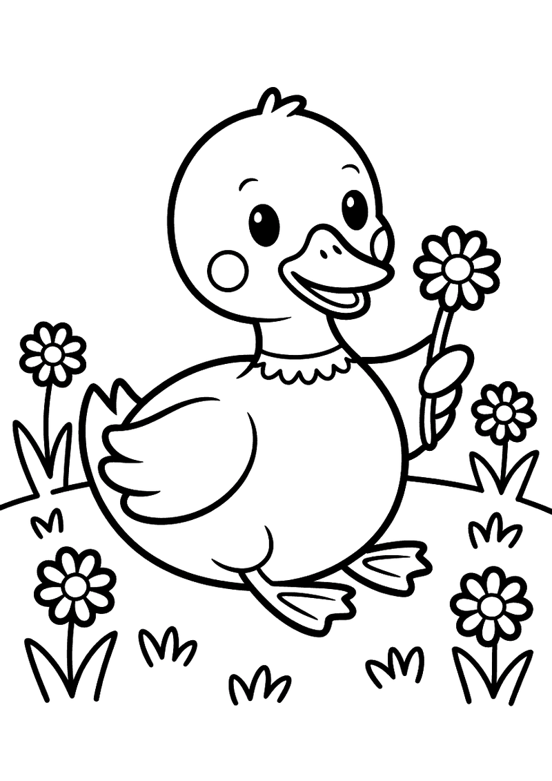 Kleurplaat van een vrolijk lopend eendje dat een bloem vasthoudt in een tuin vol bloeiende madeliefjes en gras