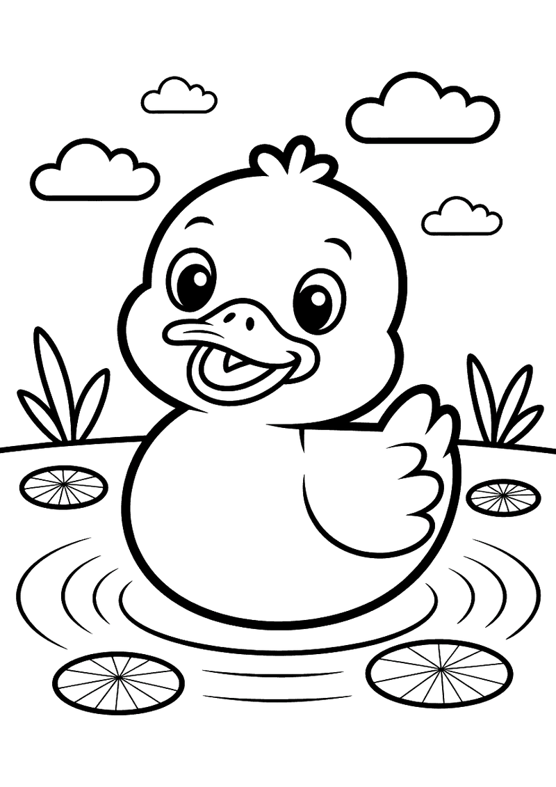 Kleurplaat van een schattig baby eendje dat zwemt op een vijver met waterleliebladen, rietstengels en wolken in de lucht
