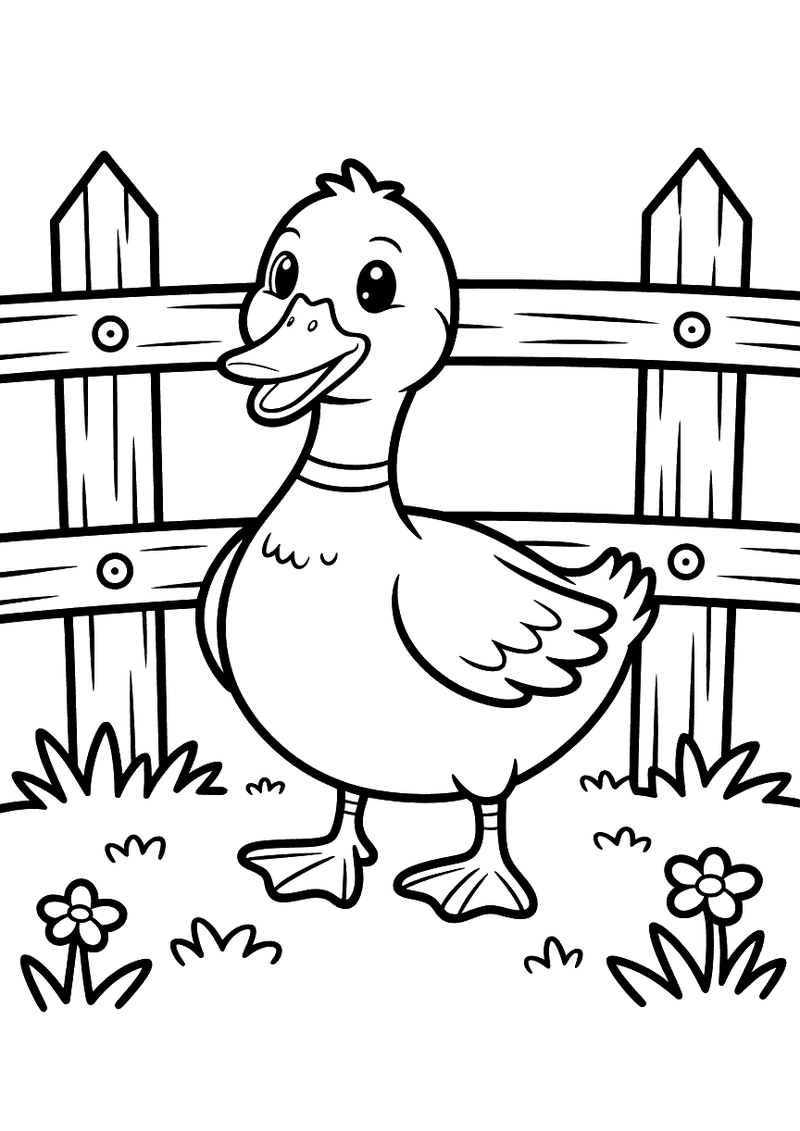 Kleurplaat van een vrolijke eend die voor een houten hek staat in een tuin met bloemen en gras aan weerszijden