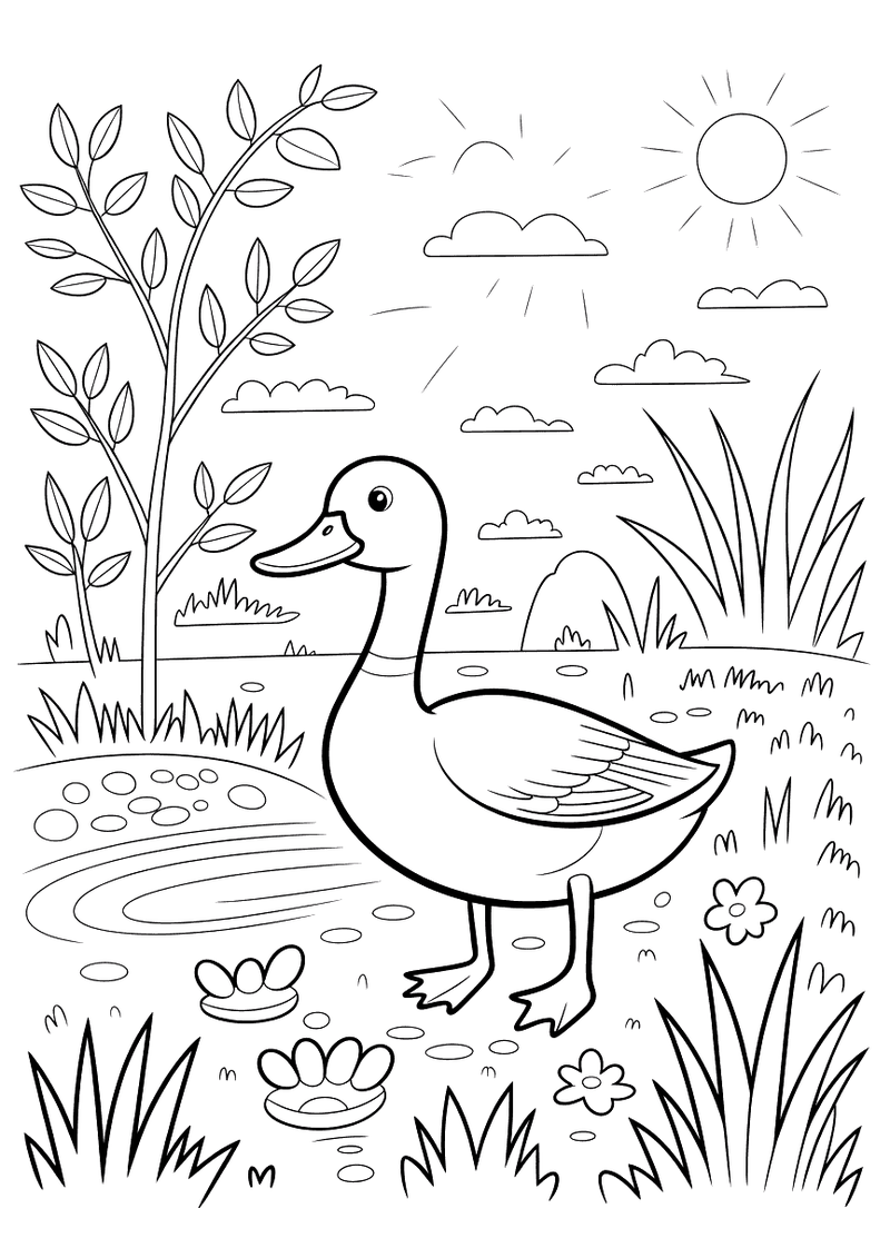 Kleurplaat van een eend die staat in een weelderige tuin met hoog gras, planten, riet en een kleine plas op een zonnige