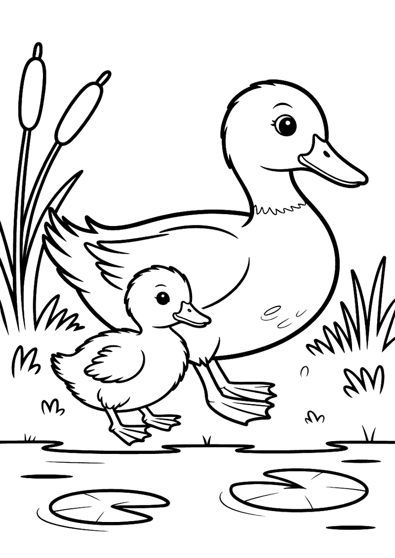Kleurplaat van een grote moedereend en haar kleine baby eendje die dicht bij elkaar staan langs het water bij rietstenge