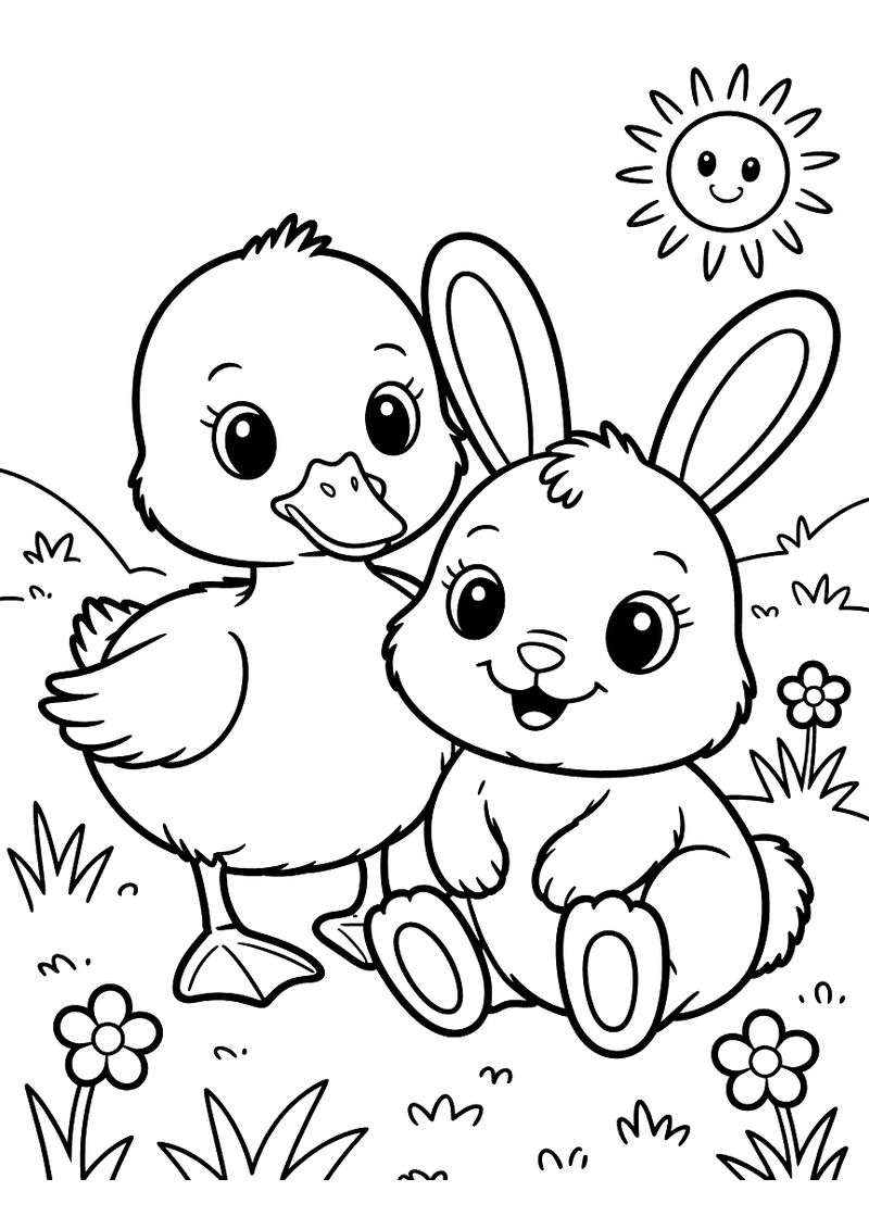 Kleurplaat van een vrolijk eendje en een schattig babykonijntje die samen in het gras zitten op een zonnige dag met bloe