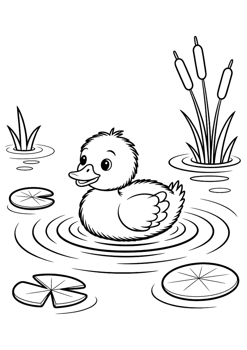 Kleurplaat van een schattig pluizig eendje dat voor het eerst zwemt op een vijver met waterleliebladen en rietstengels r