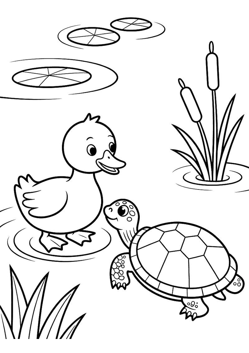 Kleurplaat van een eendje op een vijver dat een schildpad tegenkomt, met rietstengels en waterleliebladen op de achtergr