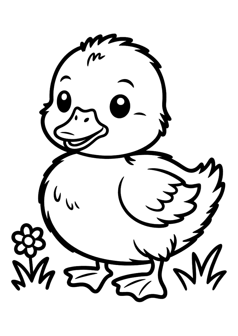 Kleurplaat van een pluizig baby-eendje met grote ronde ogen dat op een grasveld staat naast een kleine bloem