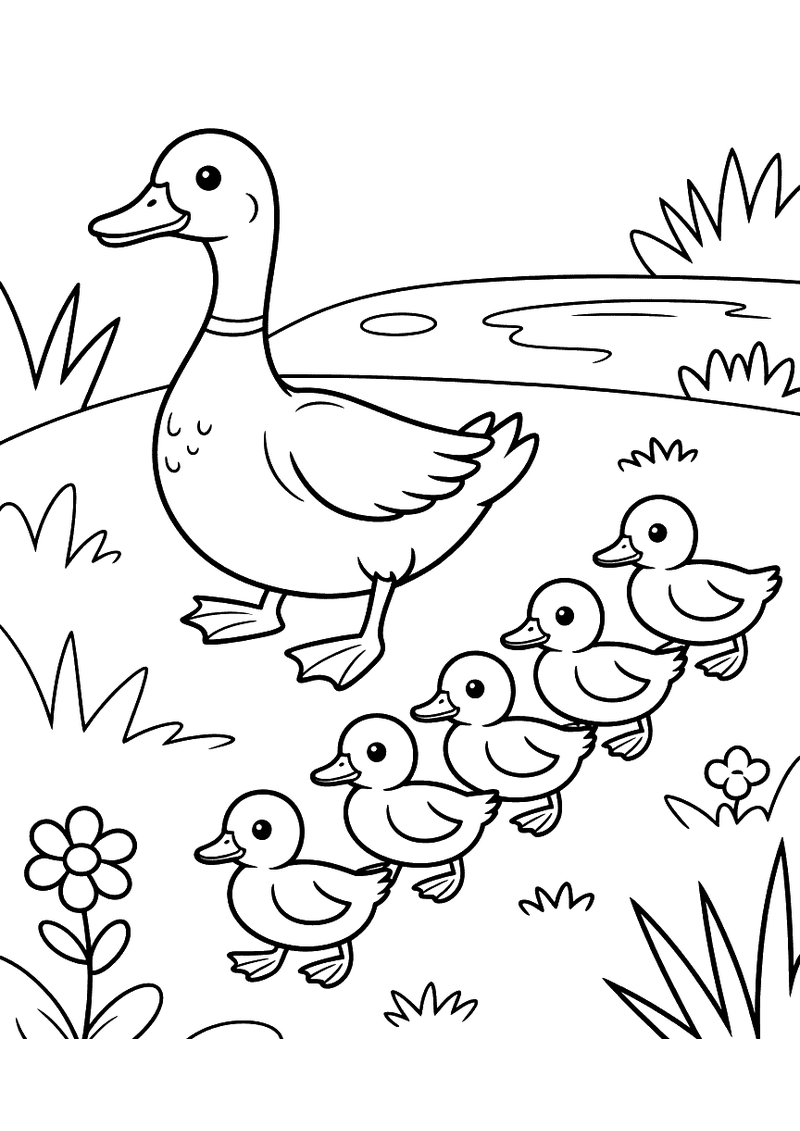 Kleurplaat van een volwassen eend gevolgd door vier kuikens in een rij langs de oever van een beek, bloemen in het gras