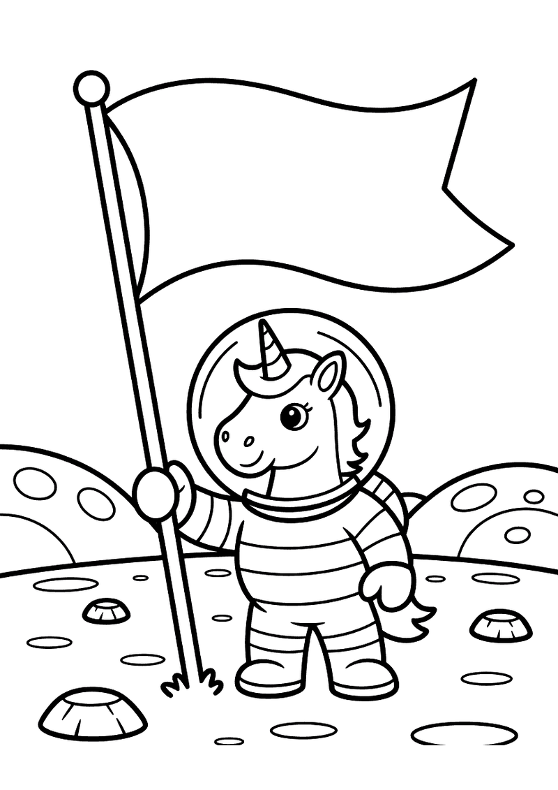 Kleurplaat van een eenhoorn in astronautenpak die op de maan staat met een vlag in de hand en kraters op de bodem