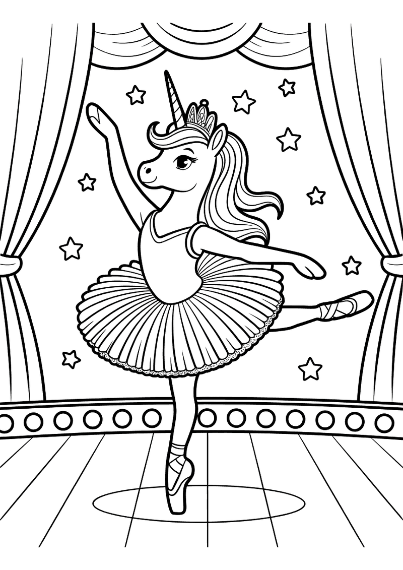 Kleurplaat van een eenhoorn in ballerina-tutu die op één been danst op een verlicht podium met gordijnen en sterren op d