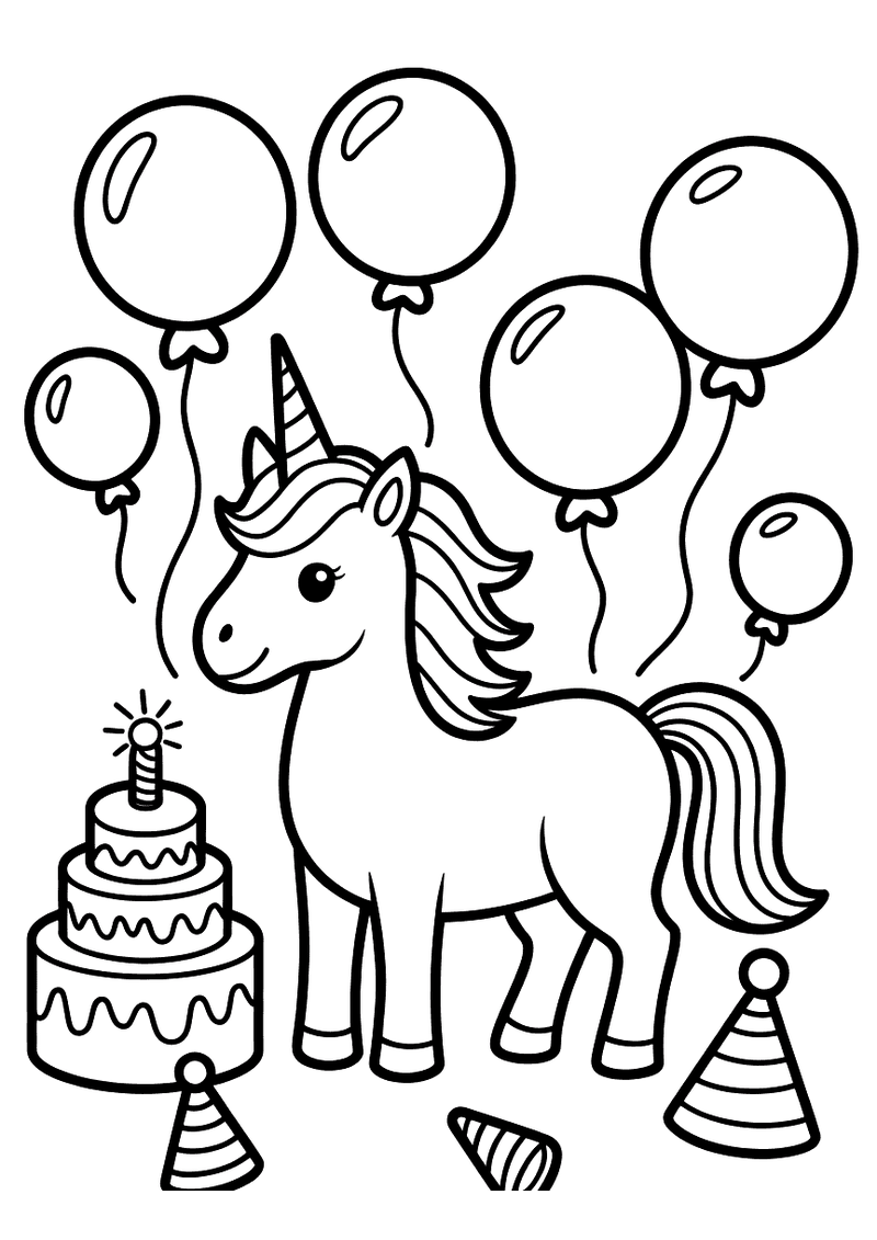 Kleurplaat van een eenhoorn naast een verjaardagstaart met kaarsjes, omgeven door ballonnen en feesthoedjes