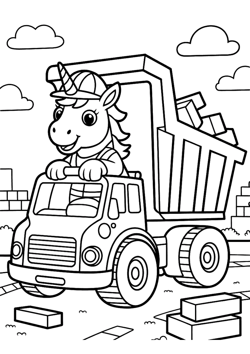 Kleurplaat van een eenhoorn als bouwvakker achter het stuur van een grote kiepwagen op een bouwplaats met bouwblokken