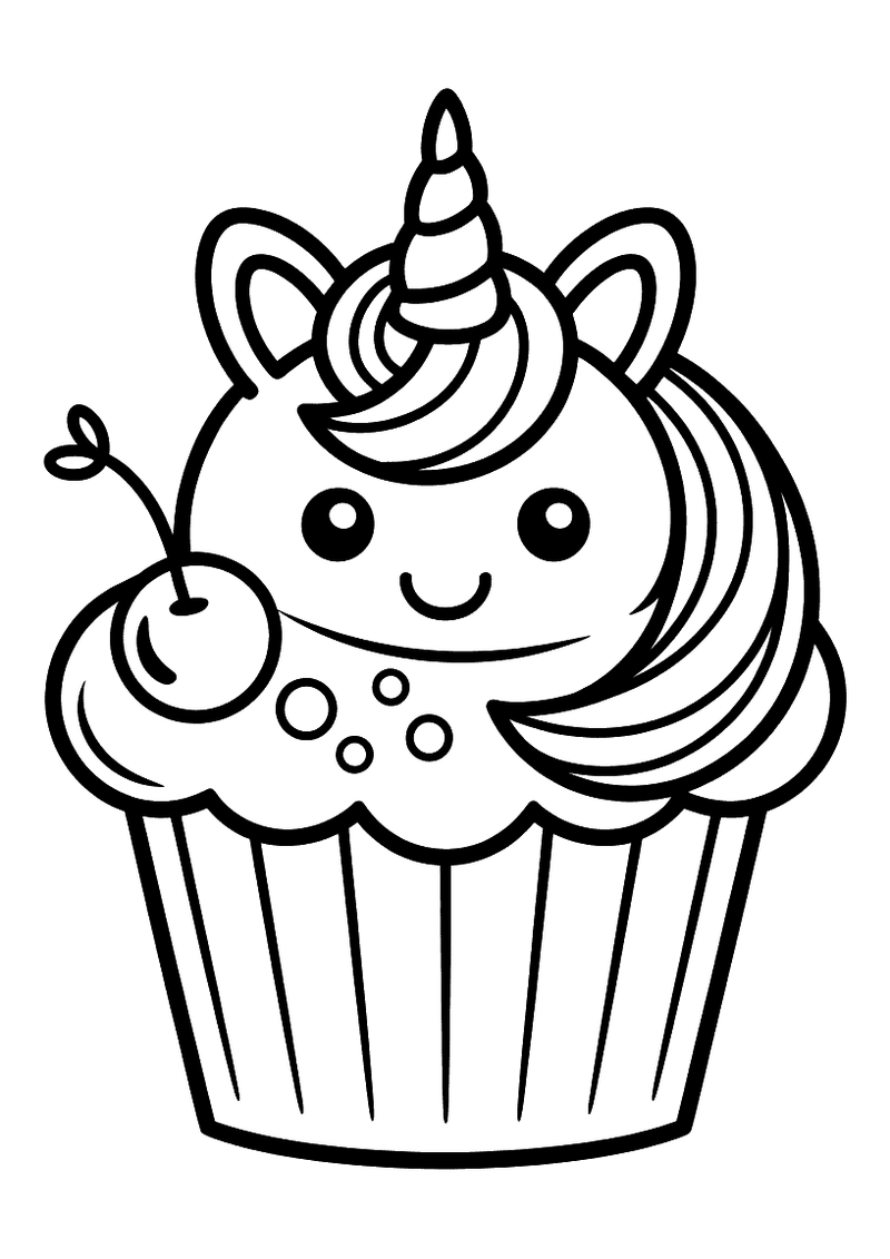 Kleurplaat van een cupcake met een eenhoorngezicht, spiraalhoorn, slagroom en een kers bovenop in een gestreept bakvormp