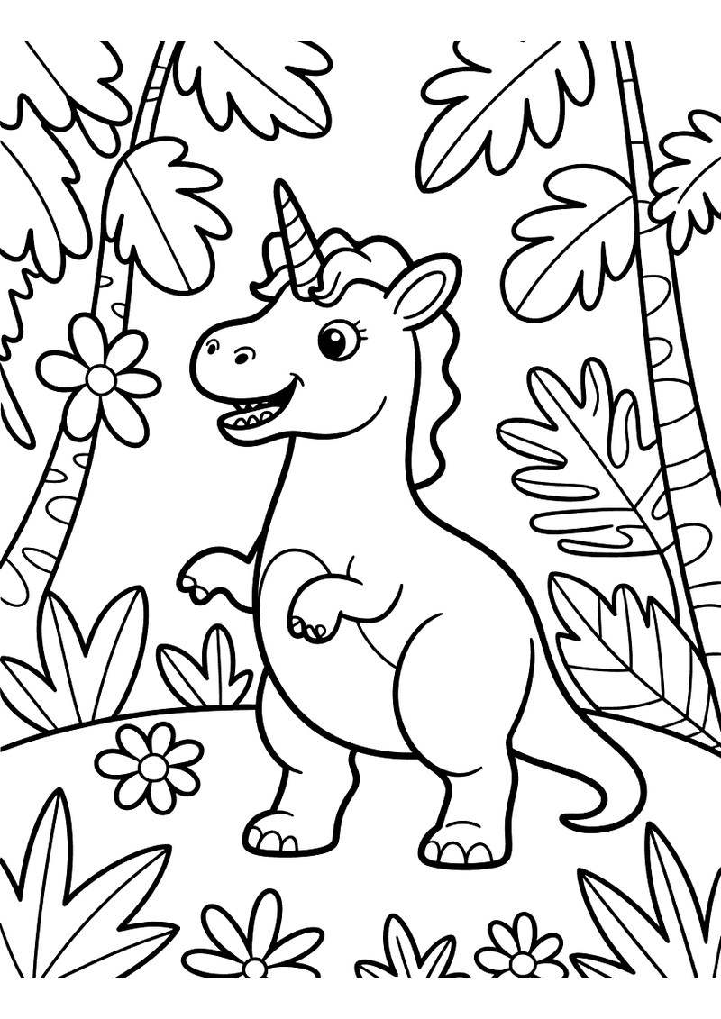 Kleurplaat van een eenhoorn met dinosauruskenmerken die brullend staat in een dicht oerwoud met grote bladeren en bloeme