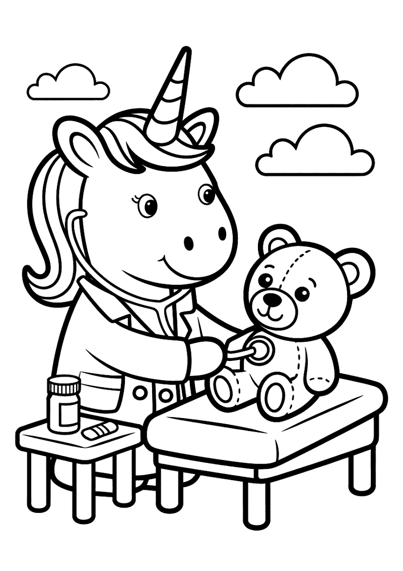 Kleurplaat van een eenhoorn in doktersjas die een teddybeer op een bed onderzoekt in een spreekkamer met medicijnen op h