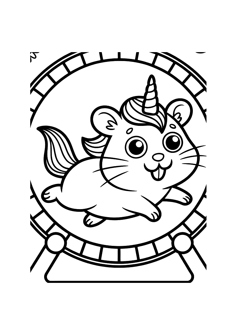 Kleurplaat van een ronde hamster met een eenhoornhoorn en golvende manen die vrolijk rent in een groot loopwiel