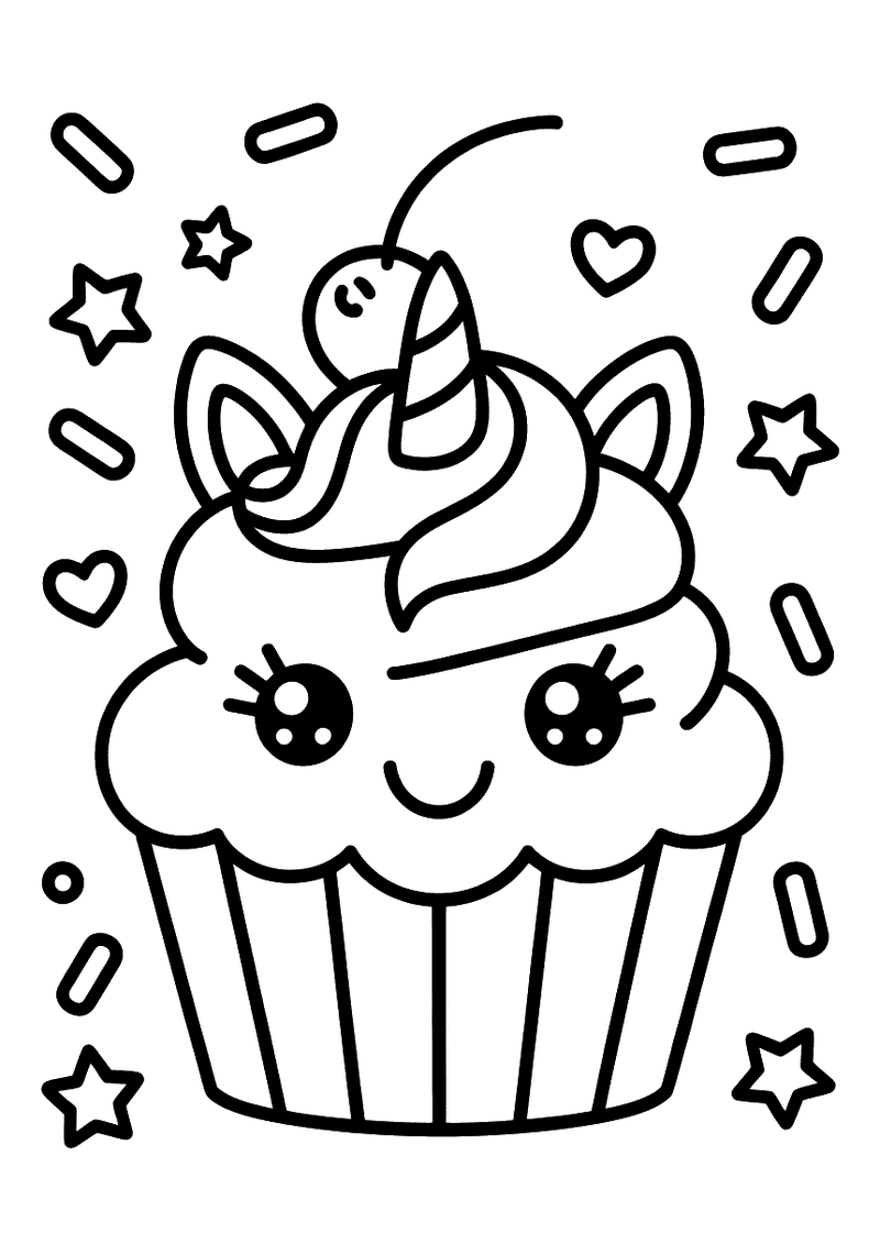 Kleurplaat van een kawaii cupcake met een eenhoornhoofd, spiraalhoorn, kers, slagroom en hagelslag, omgeven door sterren