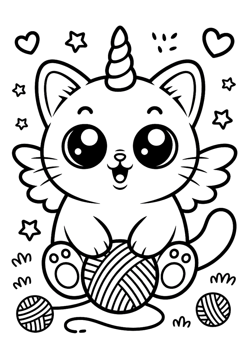 Kleurplaat van een kawaii kat met een eenhoornhoorn en kleine vleugeltjes die speelt met een bolletje wol, omringd door