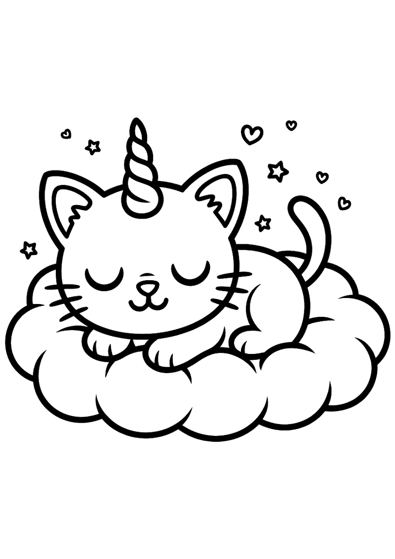 Kleurplaat van een kat met een eenhoornhoorn die vredig ligt te slapen op een grote ronde wolk, omringd door sterretjes