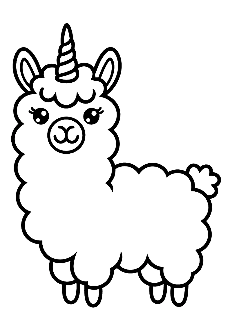 Kleurplaat van een staande lama met een eenhoornhoorn en een pluizig wollig lichaam, met grote expressieve ogen