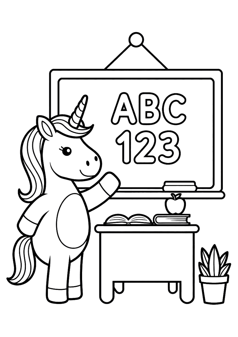 Kleurplaat van een eenhoorn als leraar die wijst naar een schoolbord waarop ABC en 123 geschreven staat, met een appel e