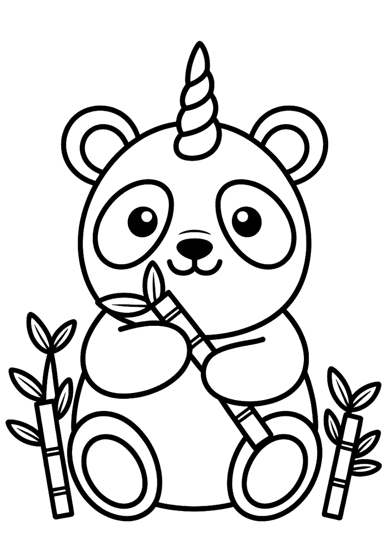 Kleurplaat van een ronde panda met een eenhoornhoorn die een bamboestengel vasthoudt, omringd door bamboeplanten