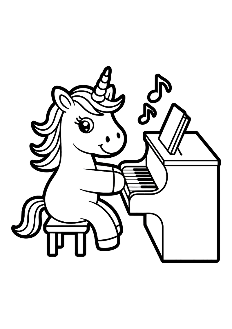 Kleurplaat van een eenhoorn die op een bankje zit en piano speelt, met muzieknoten die uit het instrument zweven