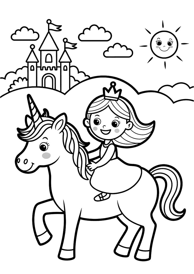 Kleurplaat van een prinses die op een eenhoorn rijdt richting een kasteel, met wolken en een stralende zon op de achterg
