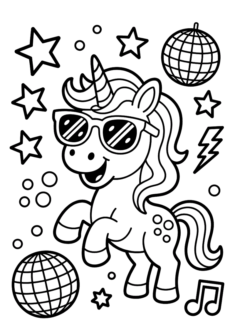 Kleurplaat van een dansende eenhoorn met zonnebril omgeven door discobollen, sterren, bliksemschichten en muzieknoten in
