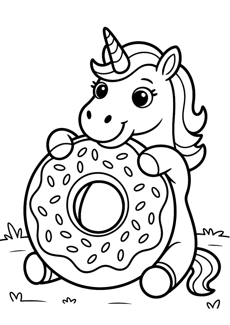 Kleurplaat van een eenhoorn die een grote donut met hagelslag vasthoudt en er met zijn hoofd tegenaan leunt, zittend in