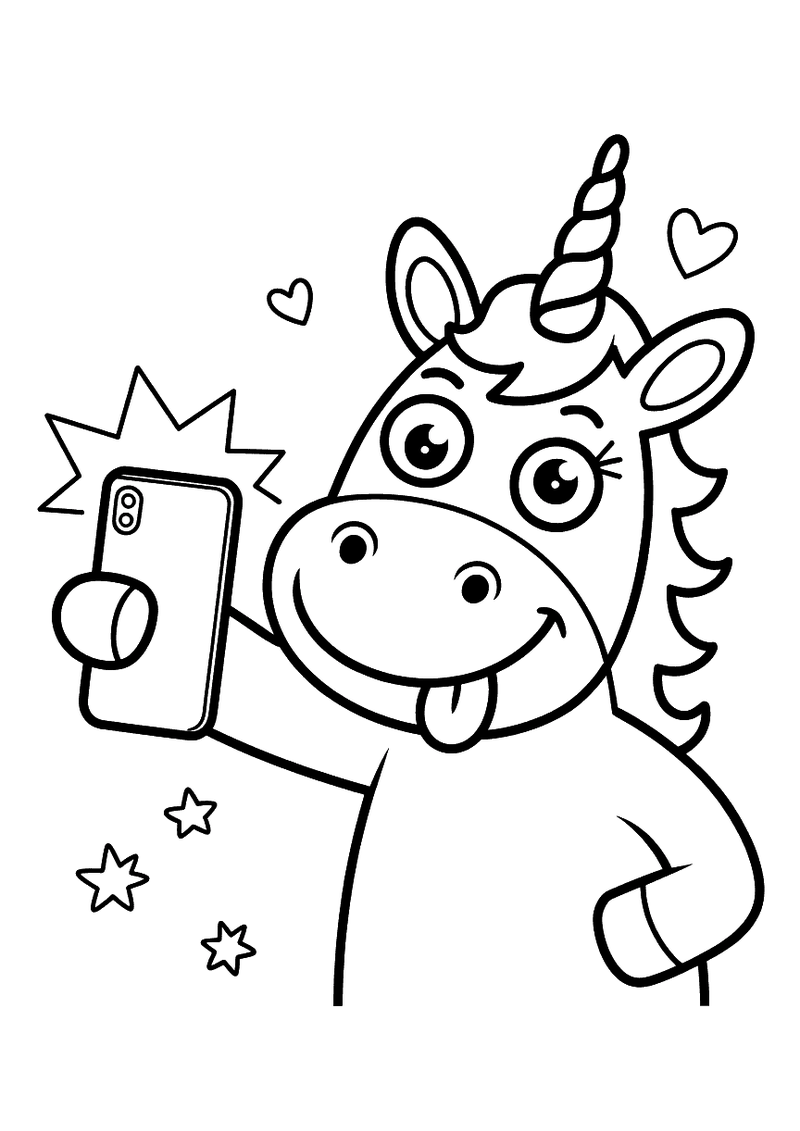 Kleurplaat van een eenhoorn die met zijn tong uit een selfie maakt met een smartphone in de hand, omgeven door hartjes e