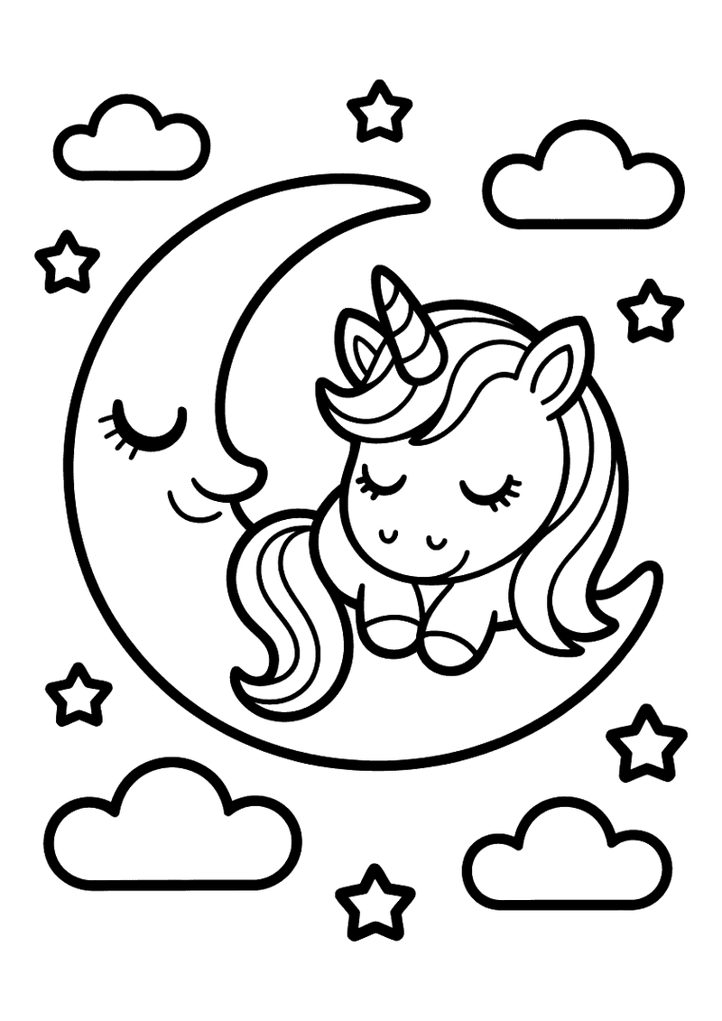 Kawaii kleurplaat van een slapende eenhoorn die leunt op een grote maansikkel, omringd door sterren en wolken in een nac