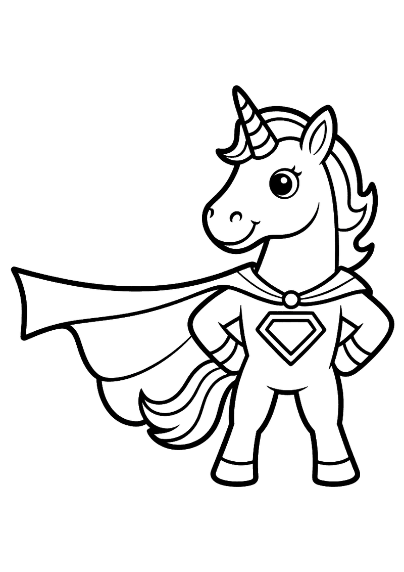 Kleurplaat van een eenhoorn in superheldenoutfit met een wapperende cape en een diamantvormig embleem op zijn borst, in