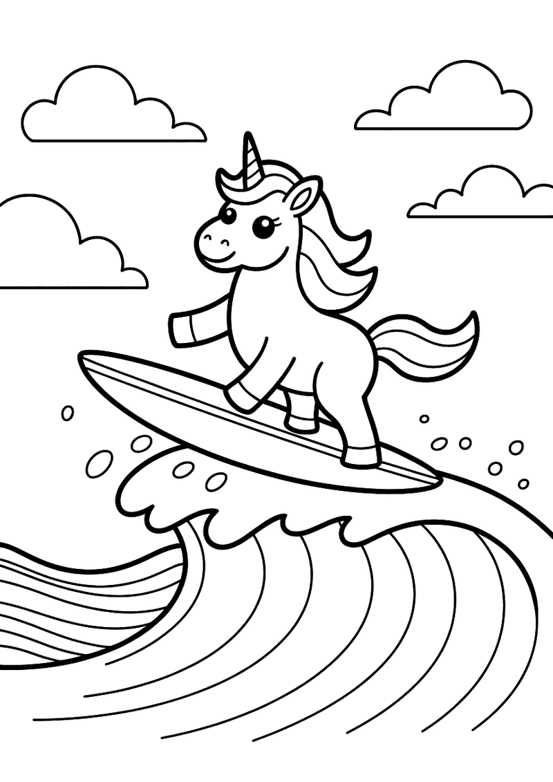Kleurplaat van een eenhoorn die op een surfplank balanceert op een grote oprollende golf met spatwaterd en wolken op de