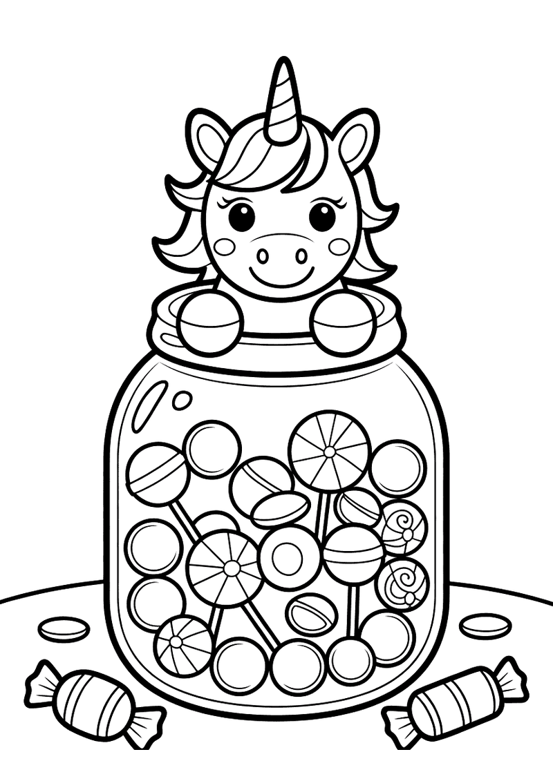 Kleurplaat van een kleine eenhoorn die vanuit een grote glazen pot vol ronde snoepjes en bonbons naar buiten kijkt