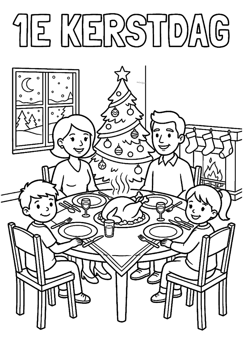 Kleurplaat met tekst 1E KERSTDAG boven gezin van vier aan tafel met kalkoen en kerstboom met kousen erachter