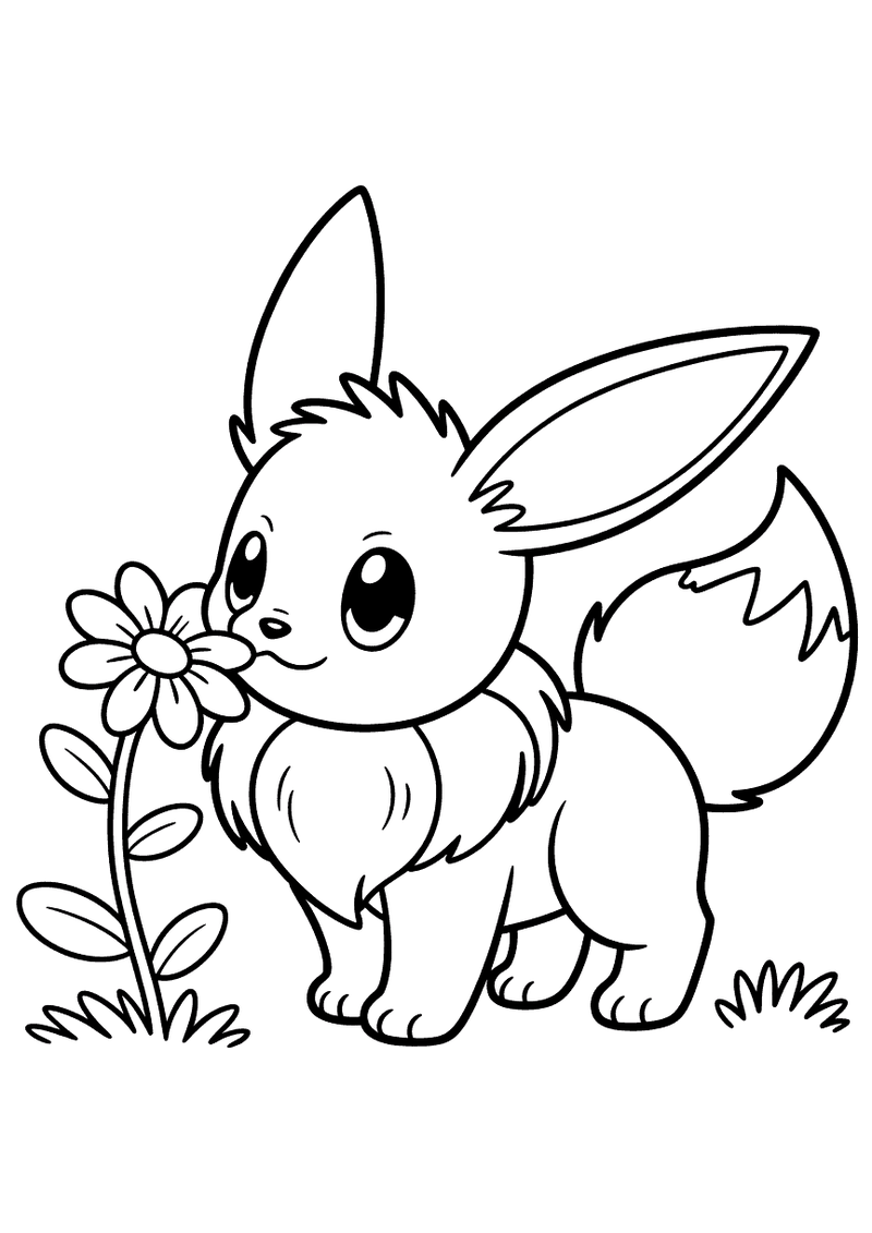 Eevee snuffelt aan een bloem kleurplaat — gratis kleurplaat printen