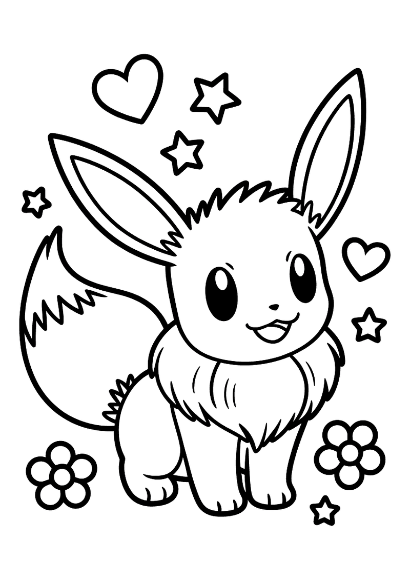 Eevee omringd door hartjes en sterren kleurplaat — gratis kleurplaat printen