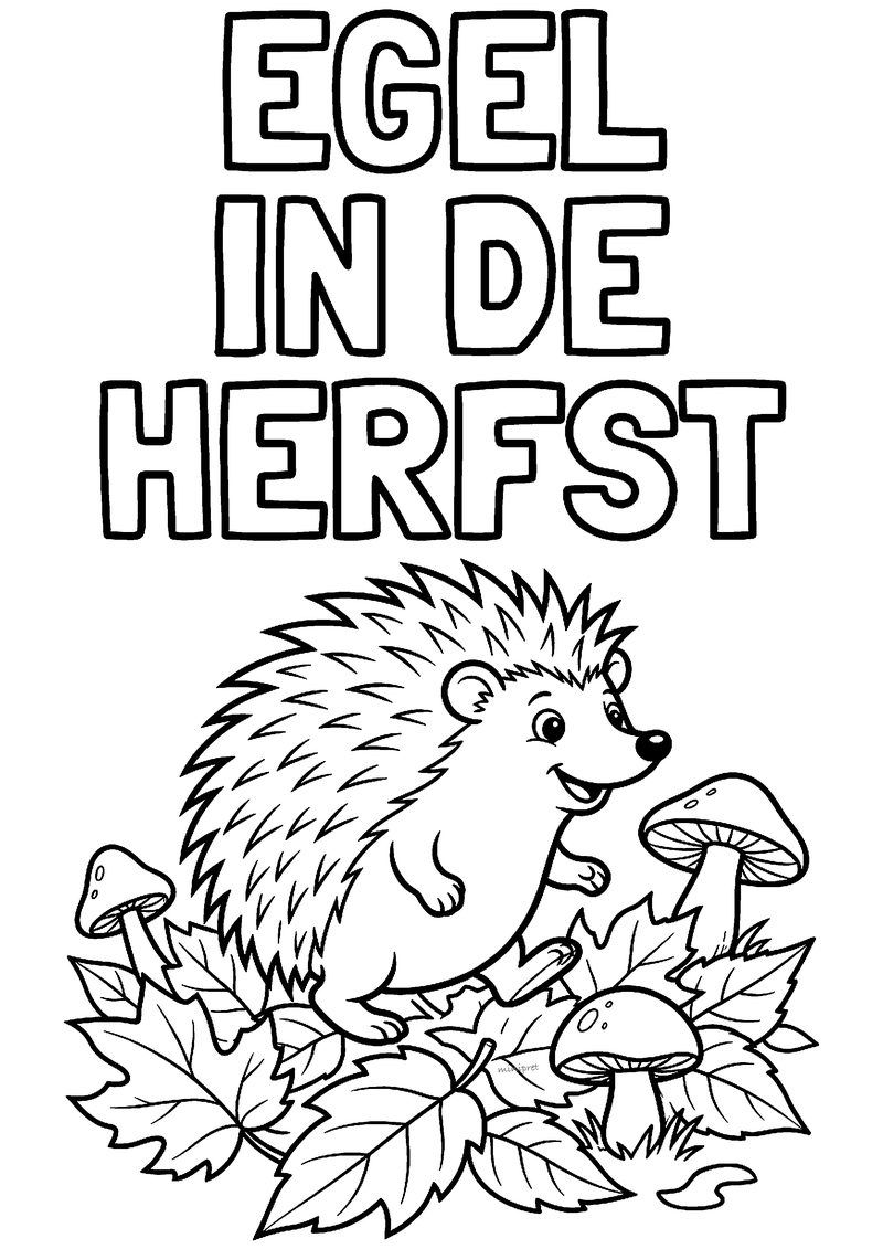 Kleurplaat van een vrolijke egel die over een hoop herfstbladeren loopt, met drie paddenstoelen ernaast