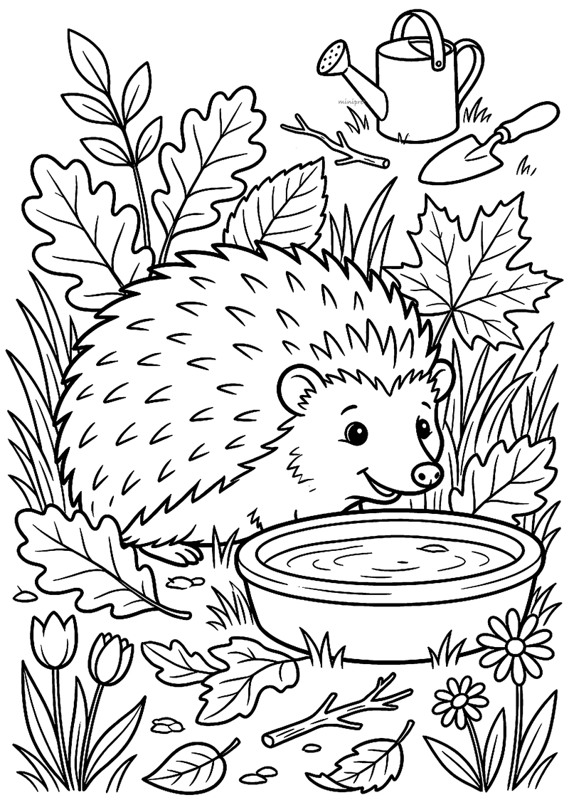 Kleurplaat van een egel die uit een schaaltje water drinkt tussen herfstbladeren, met een gieter en een schepje