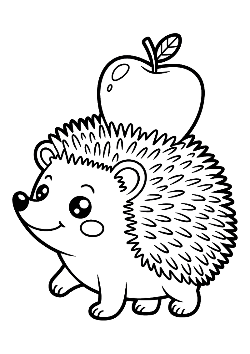 Kawaii kleurplaat van een lachende egel met stekels waarop een grote appel met blad balanceert, de egel kijkt zijdelings