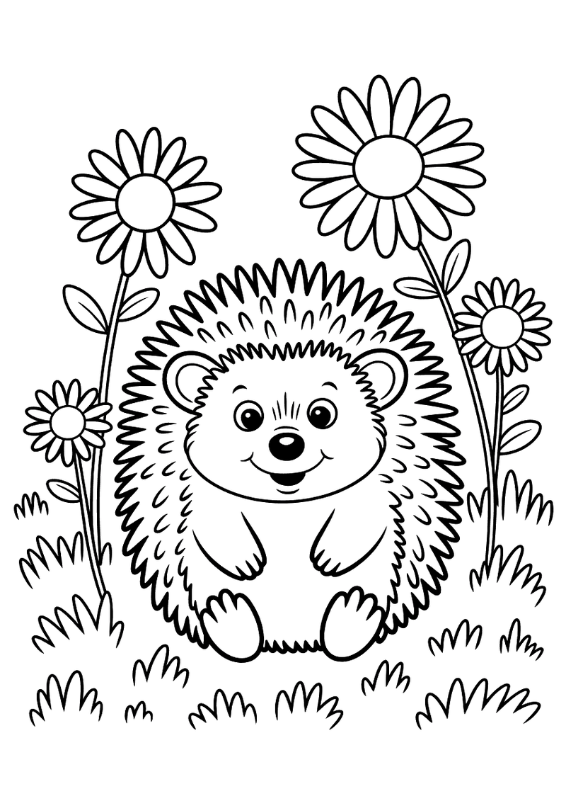 Kleurplaat van een lachende egel die in het gras tussen hoge zonnebloemen en madeliefjes zit