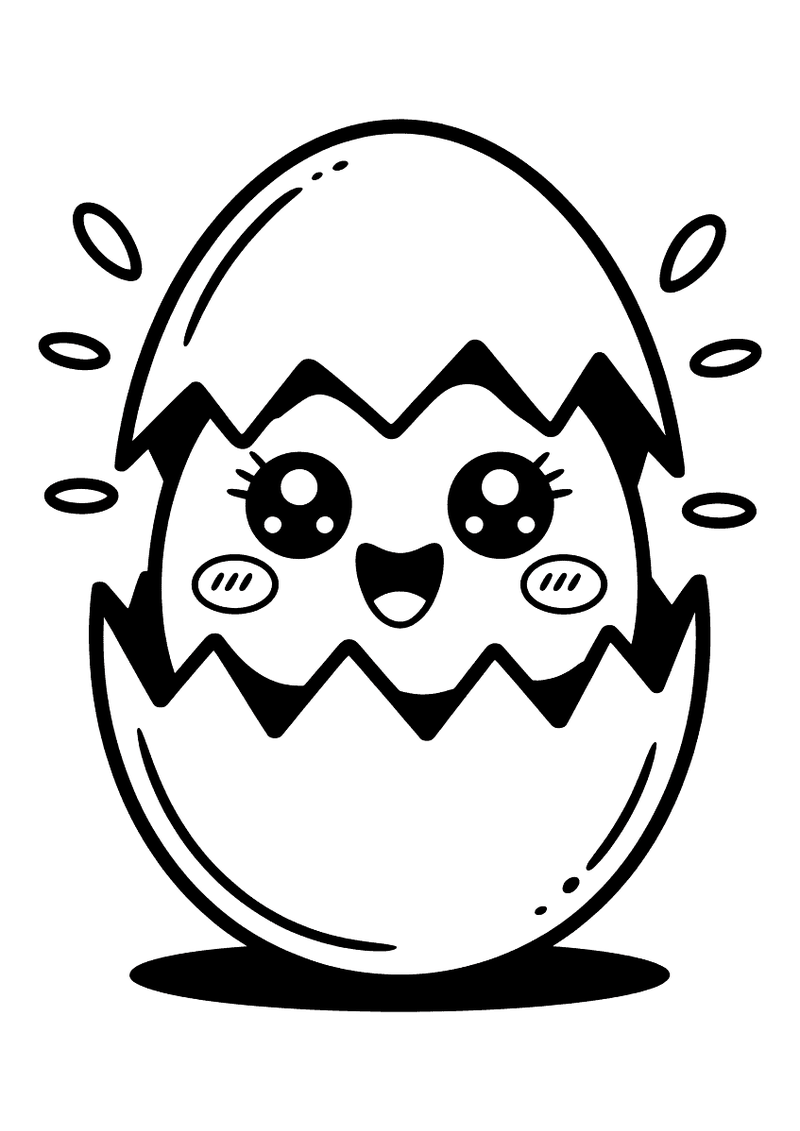 Kawaii kleurplaat van een ei dat in tweeën barst met een lachend gezichtje met grote wimperoogjes en roze wangetjes dat 
