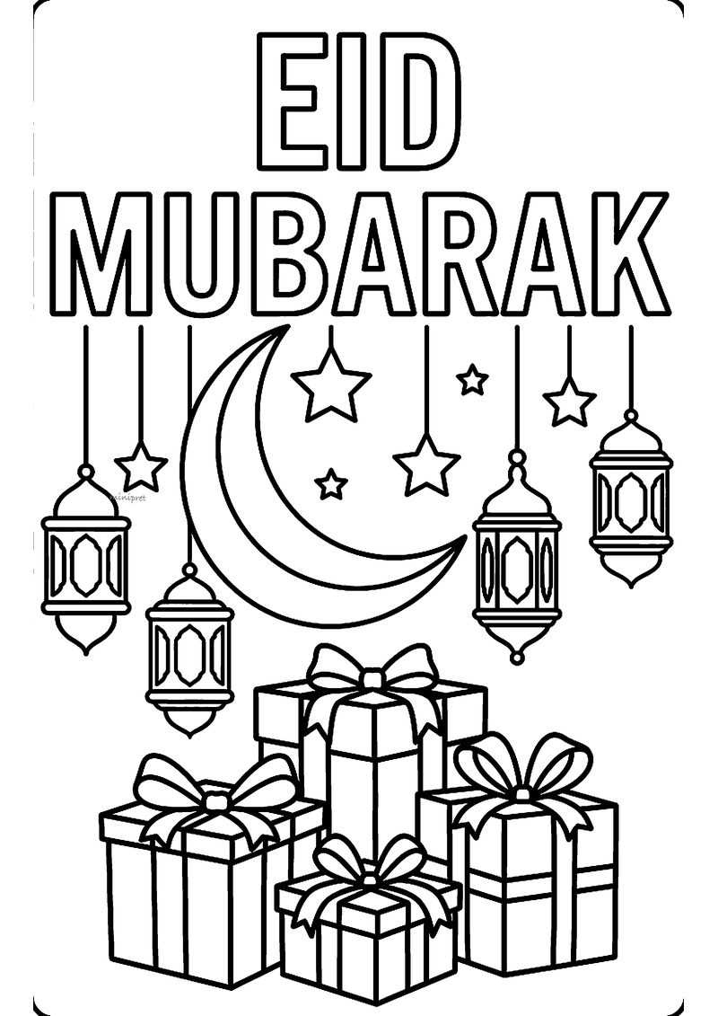 Kleurplaat met de tekst Eid Mubarak, een maansikkel, hangende sterren en lantaarns en vier cadeaus met strikken