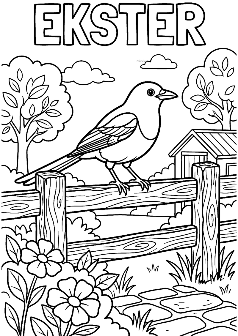 Kleurplaat van een ekster met lange staart op een houten hek, met bomen, een schuurtje en bloemen